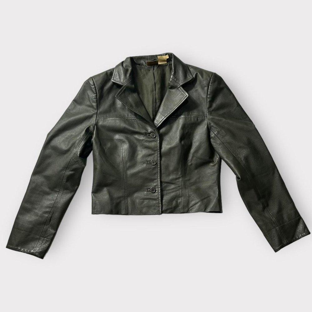 Vintage 1990s cropped deep green genuine leather collared leather jackets